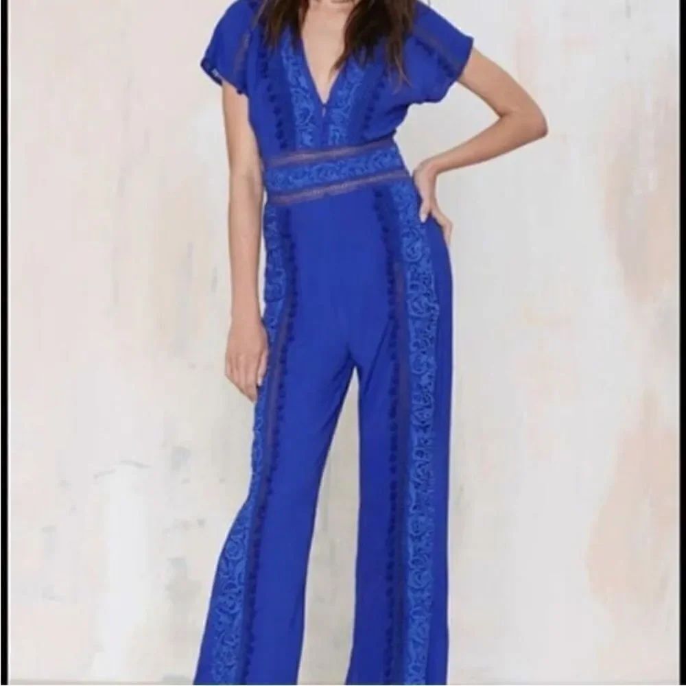 The Jetset Diaries Iris Blue Jumpsuit Size 6 Crochet Embellishments